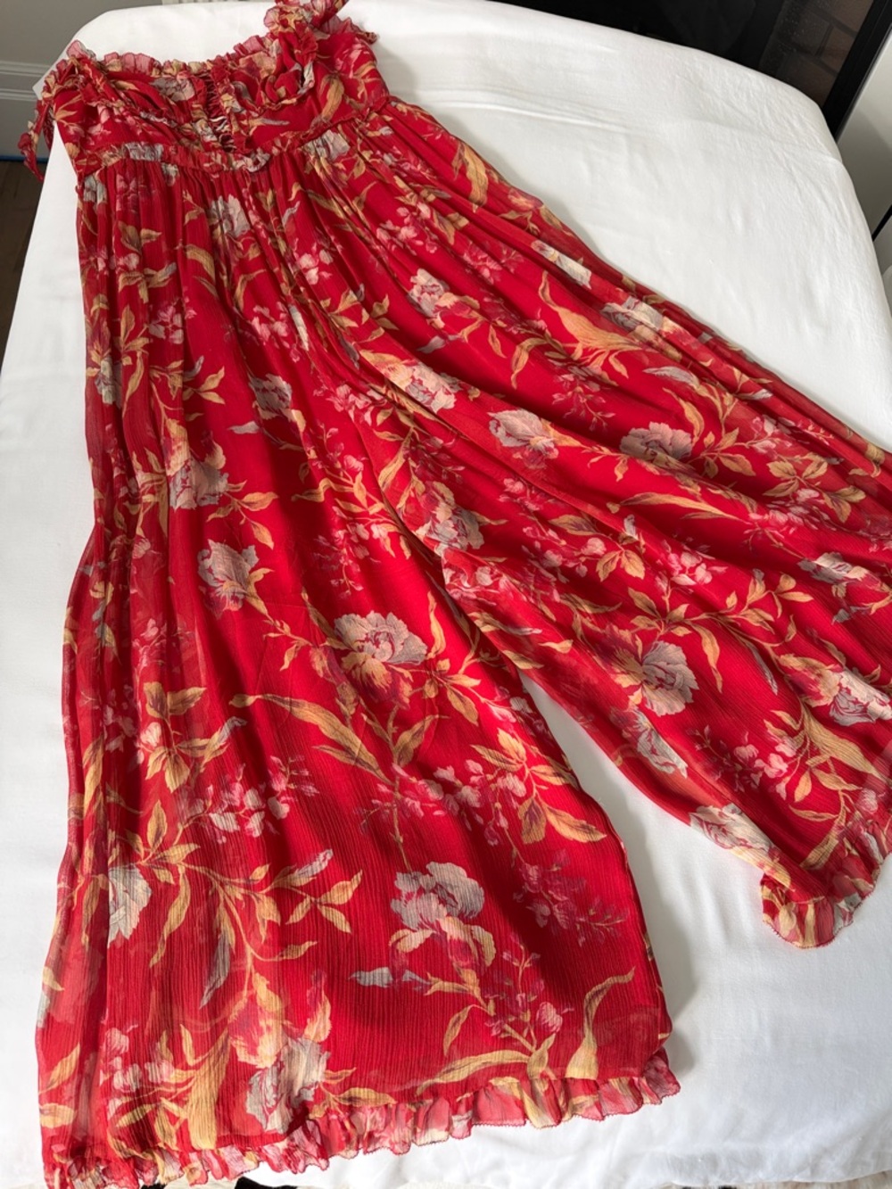 Zimmermann Red Floral Midi Jumpsuit with Ruffled Straps corset bodice 2 US6-8